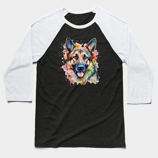 German Shepherd Bright Watercolor Baseball T-Shirt by nonbeenarydesigns